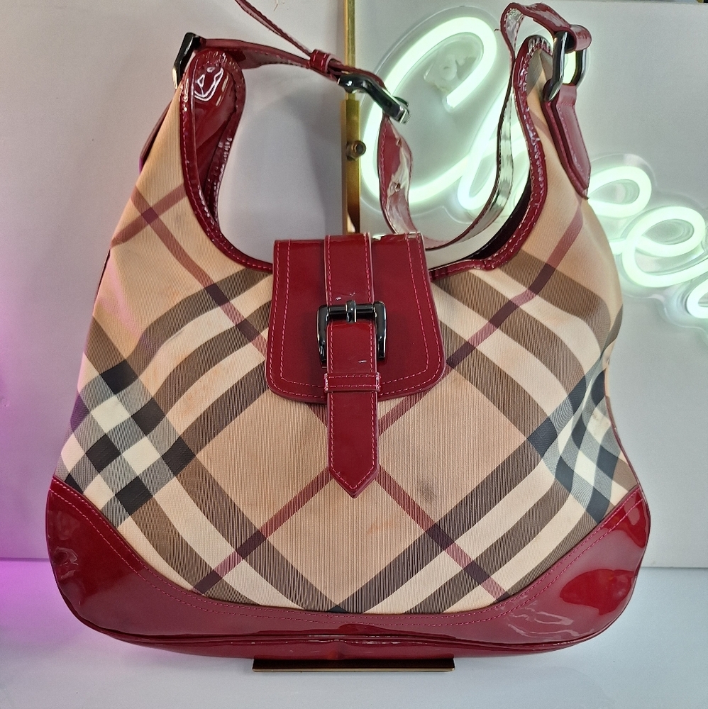 Burberry Red and Tan Hobo Bag with Distinctive Plaid Design